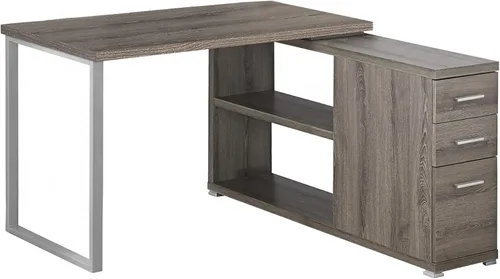 Vista 7 de Monarch Specialties Escritorio esquinero de estilo contemporáneo con estantes y cajones abiertos, 48 pulgadas de largo, parte superior negra y gris