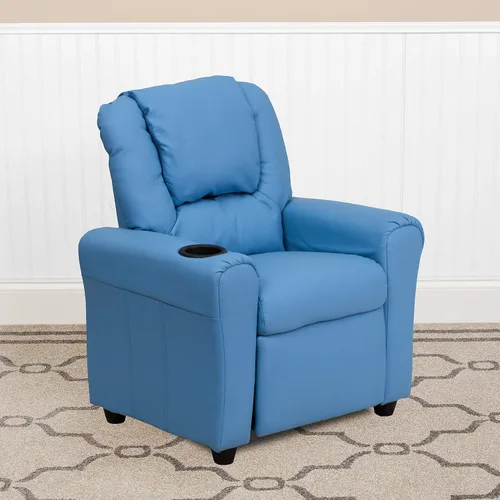Vista 15 de EMMA + OLIVER Sillón reclinable infantil de vinilo beige con portavasos y reposacabezas