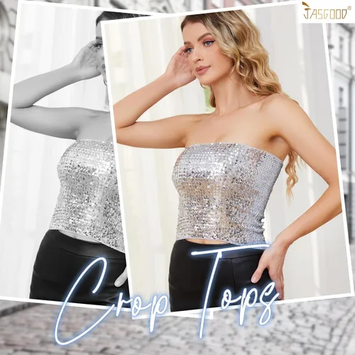 Vista 7 de JASGOOD Tops cortos de lentejuelas brillantes para mujer, tops de tubo metálicos sin tirantes, corsé de sirena con purpurina para fiesta y club