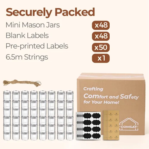Vista 8 de ComSaf Frascos Mason Pequeños de 2 oz, 48 Piezas Mini Contenedores Mason, Frascos Pequeños para Conservas, Mini Frasco de Vidrio con Tapas