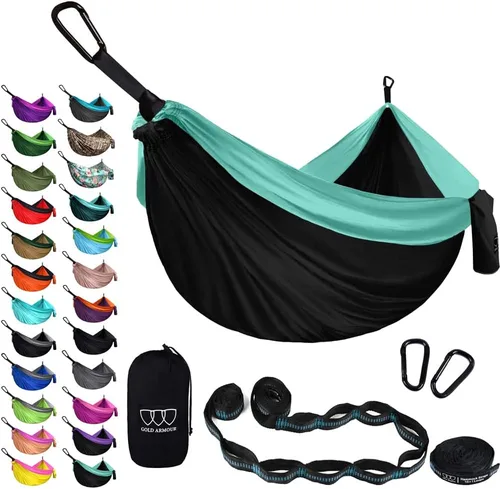 Vista 29 de Gold Armour Hamaca de camping – Hamaca doble XL, hamaca portátil, accesorios de camping, equipo para exteriores e interiores con correas de árbol