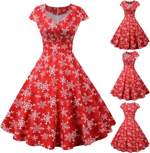 Vista 2 de ZEFOTIM Vestidos de Navidad para mujer, manga cortacapa, cuello en V, volantes, lindo, elegante, muñeco de nieve, reno, vestido de Navidad LY180