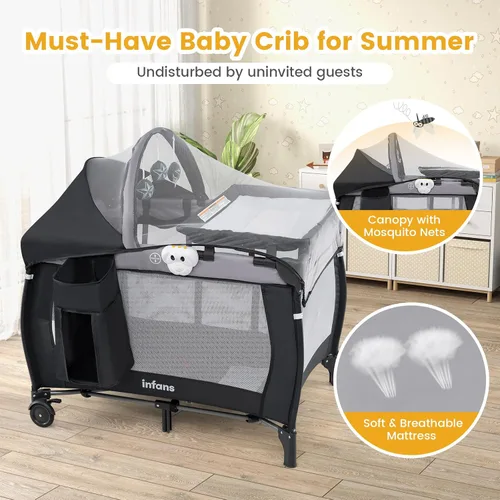 Vista 5 de INFANS 4 en 1 Pack and Play, corralito portátil de viaje para bebé con moisés, cambiador, toldo, mosquitera, juguetes colgantes, caja de música