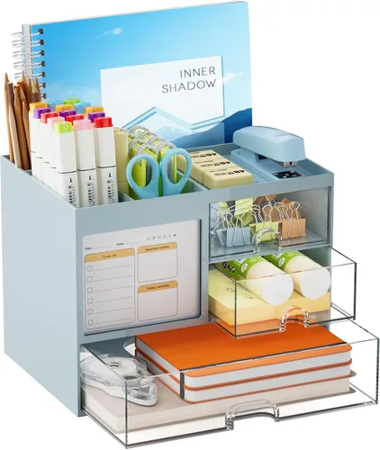 Vista 12 de Marbrasse Organizador de Escritorio con 3 Cajones, Soporte Multifuncional para Lápices y Bolígrafos para Escritorio, Organizador de Escritorio