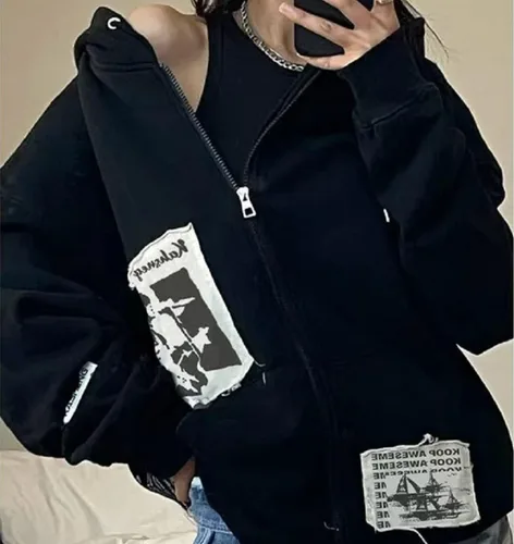 Vista 7 de Sudadera con capucha vintage para mujer, sudadera de gran tamaño con estampado de graffiti punk con cremallera para adolescentes, bolsillos estéticos