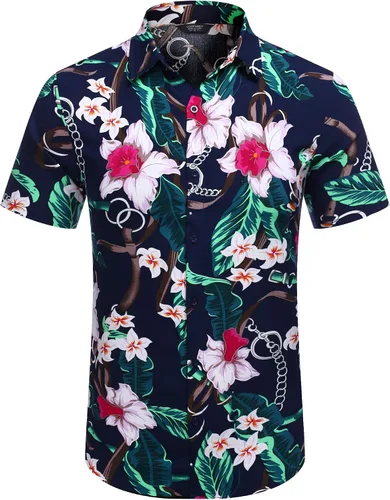 Vista 4 de COOFANDY - Conjunto de camisa hawaiana floreada de manga corta con botones para hombre