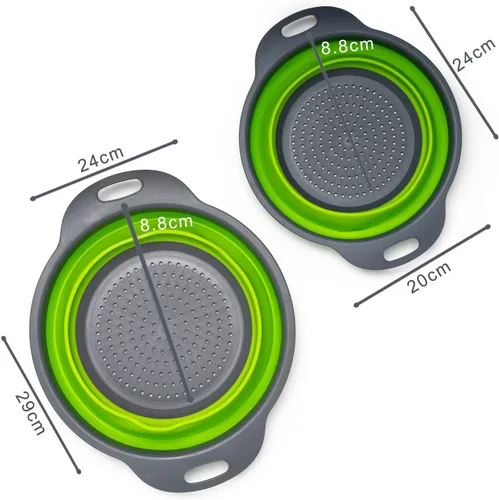 Vista 6 de Juego de 2 coladores plegables de silicona, de grado alimenticio, perfecto para drenar pasta, verduras y frutas (verde)