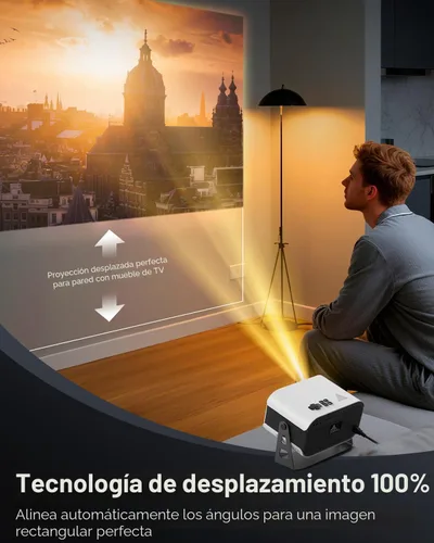 Vista 5 de Mini proyector con soporte giratorio de 270°, enfoque eléctrico y proyector portátil Keystone vertical, proyectores de cine en casa con WiFi