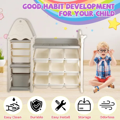Vista 3 de Organizador de almacenamiento de juguetes para niños de 4 niveles con 14 cubos de juguetes extraíbles, compacto, estilo bohemio, organizador