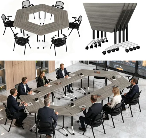Vista 10 de Mesas de sala de conferencias, mesa de conferencias plegable con ruedas silenciosas, mesa trapezoidal de 47.2 pulgadas, mesa moderna para sala