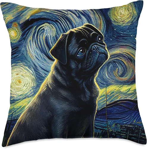 Vista 5 de black Pug Pet Love Fun Almohada de perro con diseño de pug negro en noche estrellada, 16 x 16 pulgadas, multicolor
