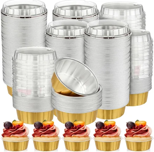 Vista 10 de Tessco for you 200 moldes desechables con tapas, 8 onzas, Ramekin Creme Brulee Ramekin, papel de aluminio, para cupcakes, para hornear, San plateado