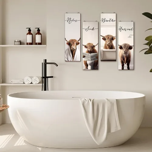 Vista 5 de Letrero de madera para decoración de baño de vaca de las montañas, 4 piezas, diseño de vaca rústica para colgar en casa, cuarto de servicio