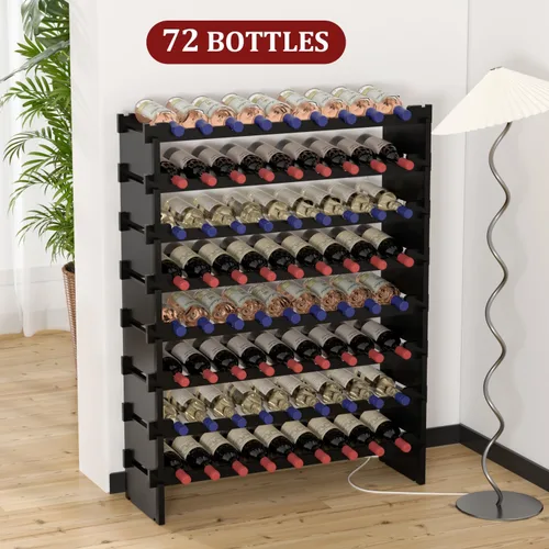 Vista 5 de Domax Estante de vino independiente para piso, 8 niveles, soporte para botellas de vino, 72 botellas, estantes apilables de madera de bambú