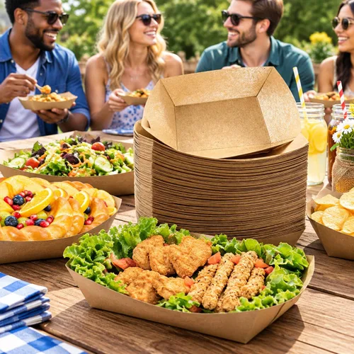 Vista 2 de Oomcu Paquete de 100 bandejas de papel resistentes de 3 libras, botes desechables de papel kraft marrón para aperitivos de fiesta, nachos, perros