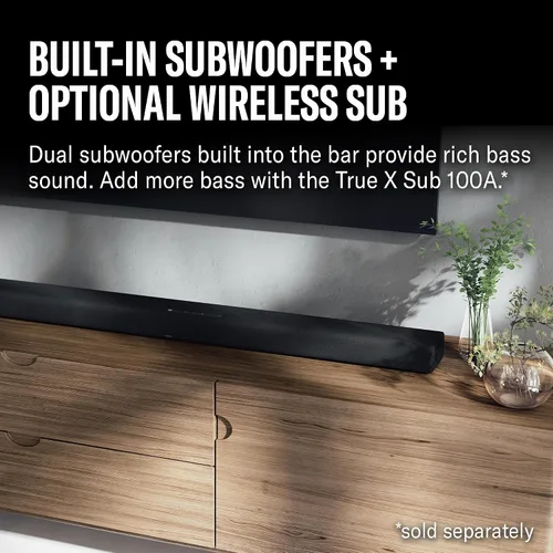 Vista 4 de Barra de sonido Yamaha True X Bar 40A Dolby Atmos con subwoofers incorporados, Wi-Fi, transmisión de música, subwoofer inalámbrico opcional