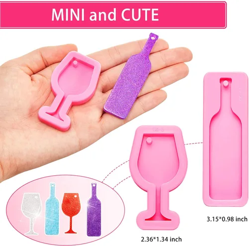 Vista 2 de Patelai 4 piezas de mini llavero de copa de vino, vaso de copa de vino, forma de botella de vino, molde de fondant de silicona para bricolaje