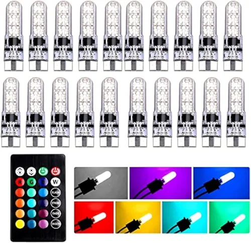 Vista 8 de Bombilla LED T10 RGB para Automóvil Luz de Ancho con Control Remoto W5W 194 168 2825 Luz Estroboscópica 16 Colores 5050 Cuña de Repuesto para Mapa