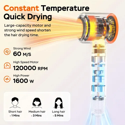 Vista 2 de Secador de pelo iónico, secador de pelo de alta velocidad de 1600 W, secado rápido, bajo ruido, portátil, ligero, profesional, 4 ajustes de calor