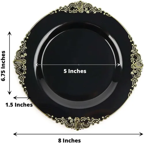 Vista 3 de Efavormart - Paquete de 10 platos de postre barrocos negros y dorados de 8 pulgadas, platos de aperitivo resistentes con borde metálico en relieve