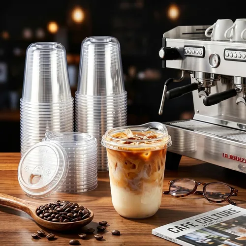 Vista 5 de Paquete de 50 vasos de plástico transparente de 12 onzas con tapas para sorber, tazas de café helado desechables gruesas para llevar bebidas frías