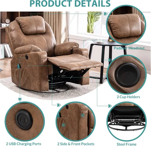 Vista 6 de MEETWARM Silla reclinable giratoria de masaje ergonómica con calor, silla reclinable mecedora manual mecedora giratoria de 360° con 4