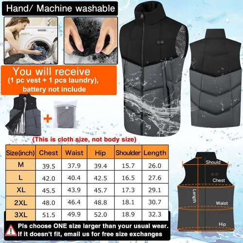 Vista 6 de PANGTIKU Chaleco térmico para hombres y mujeres, 17 zonas de calefacción, chaleco eléctrico USB, chaqueta térmica para invierno (batería no incluida)