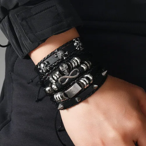 Vista 4 de 16 pulseras para hombres y mujeres, diseño de calavera trenzada negra infinita de Tai Chi, pulseras punk rock para uso diario