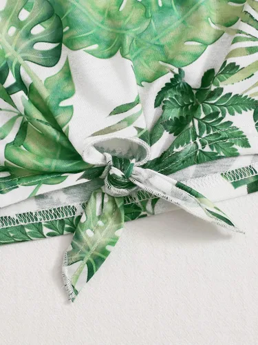 Vista 4 de Romwe Conjunto de 2 piezas con estampado tropical y dobladillo con lazo para niña