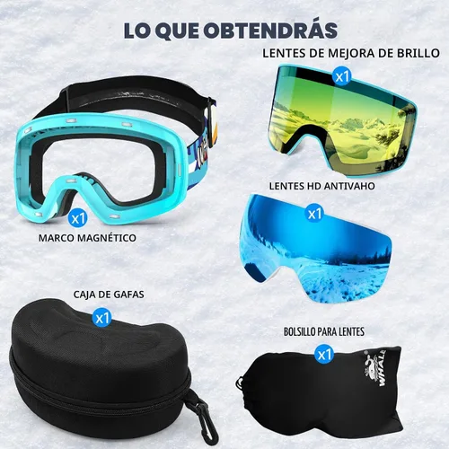 Vista 5 de Whale 2027 New Magnetic-Closure Ski Goggles, 2 Interchangeable Lenses/Night Skiing Light-Enhancing Lens, Anti-Fog, Unisex Azul