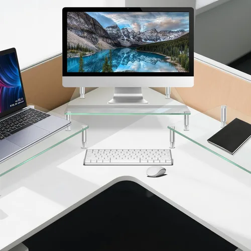 Vista 5 de Elevador de monitor de vidrio templado con altura ajustable, 2 soportes de monitor para escritorio, computadora, laptop, TV, organización