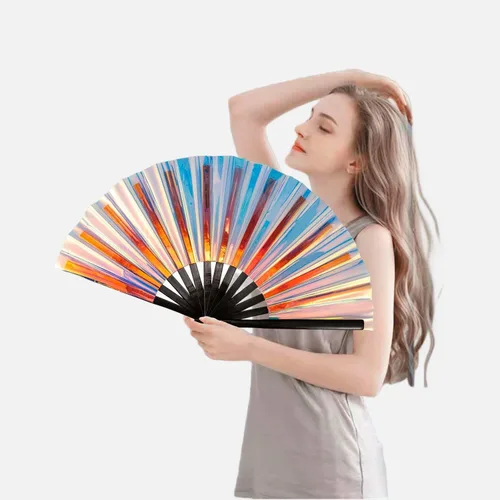 Vista 4 de Ventilador de mano plegable grande para hombres y mujeres, ventilador holográfico para mujeres, fiesta de baile, festivales, Halloween, EDM