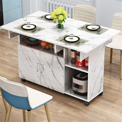 Vista 10 de Mesa de comedor plegable, mesa rectangular versátil con 4 ruedas, 5 estantes de almacenamiento, ahorro de espacio para comedor, cocina, ocio, mesa