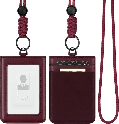 Vista 12 de VULKIT Soporte para tarjetas de identificación con cordón para mujeres y hombres, soporte vertical de cuero con ranura transparente para tarjetas