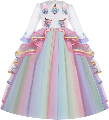 Vista 2 de REXREII Vestido maxi de tul de manga larga con diadema para niñas disfraz de princesa cumpleaños Navidad