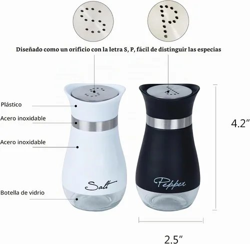 Vista 2 de Juegos de salero y pimentero de acero inoxidable y vidrio Negro&blanco