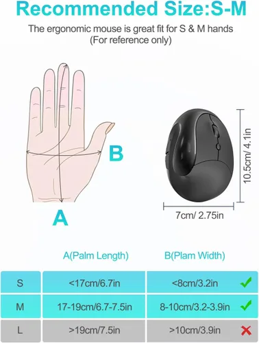 Vista 7 de Lekvey Ratón ergonómico, mouse inalámbrico vertical para manos pequeñas/medianas, recargable con receptor USB, 3 DPI para mayor comodidad, alivia