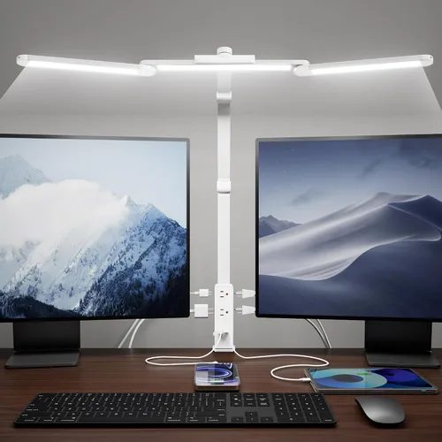 Vista 12 de SUPERDANNY - Lámpara de escritorio LED para el cuidado de los ojos con base de cuello de cisne flexible de 360°, lámpara de trabajo con control