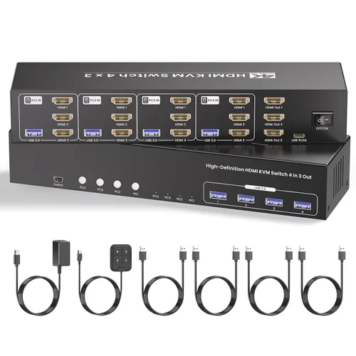 Vista 8 de Conmutador KVM HDMI 4K a 60Hz 1 Monitores 4 Computadoras, USB 3.0 4 Puertos HDMI KVM Switch para 4 Computadoras Compartir 1 Juego de Teclado, Ratón