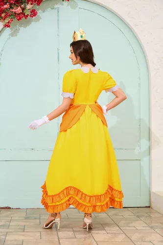 Vista 5 de PAINEOMN Vestido de princesa para mujer, disfraz de princesa de Halloween, cosplay, corona, aretes, guantes, traje de disfraz para adultos