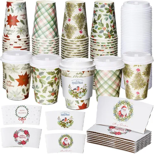 Vista 10 de Yungyan Paquete de 100 Tazas de Café Desechables de Navidad de 12 oz con Tapas y Mangas Tazas de Café de Papel Aisladas con Tapas Abovedadas