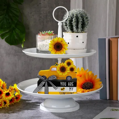 Vista 3 de Yookeer 5 piezas de girasoles para decoración de bandejas escalonadas, decoración de girasol, letrero de madera de verano, centro de mesa de sol