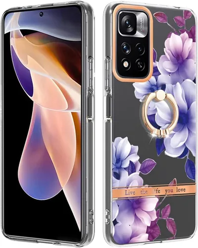 Vista 6 de ONV Funda de silicona para Redmi Note 11 Pro 5G – Funda con anillo de metal con purpurina de lujo con flor pintada con flores, funda delgada