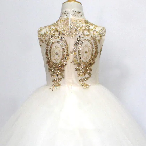 Vista 4 de Vestido de fiesta de tul de encaje dorado para niñas, vestido de baile largo hinchado