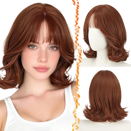 Vista 17 de BARSDAR Synthetic Short Layered Brown Highlights Bob Wig with Wispy Bangs