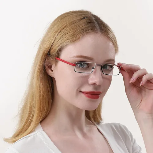 Vista 6 de REAVEE Elegantes lentes de lectura de medio marco para mujeres y damas, media lente, ligeros, rectangulares, de metal, portátiles, con estuches