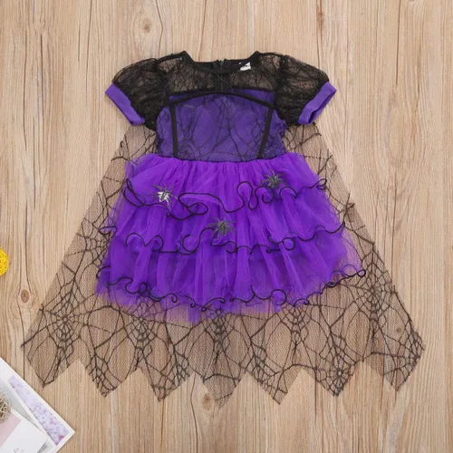 Vista 2 de Disfraz de bruja de Halloween de manga corta con encaje de araña tutú de tul vestido de fiesta de Halloween Morado