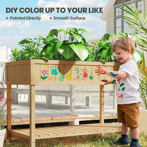 Vista 4 de Outsunny Cama de jardín elevada de 43 x 18 x 30 pulgadas con 8 bolsillos y estante, maceta elevada de madera con patas para cultivar hierbas, Madera