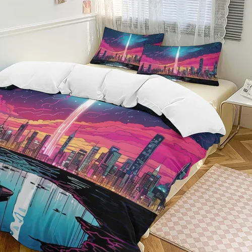 Vista 12 de Landscape Duvet Cover Full Size, Ultra Soft Microfiber Cityscape Bedding Set, 3 Pieces Night Scenery Pattern Comforter Cover Set with Zipper Closure