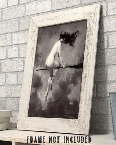 Vista 7 de Witch On Broom Departure by Albert Joseph Penot – 11 x 14 sin marco espeluznante, espeluznante, arte de pared gótico, desnudo bruto wiccan Art Print